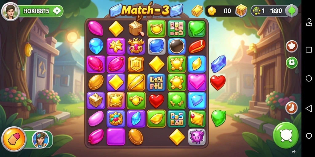 Screenshot HOKI8815 menampilkan gameplay Match-3 yang seru dan penuh warna.