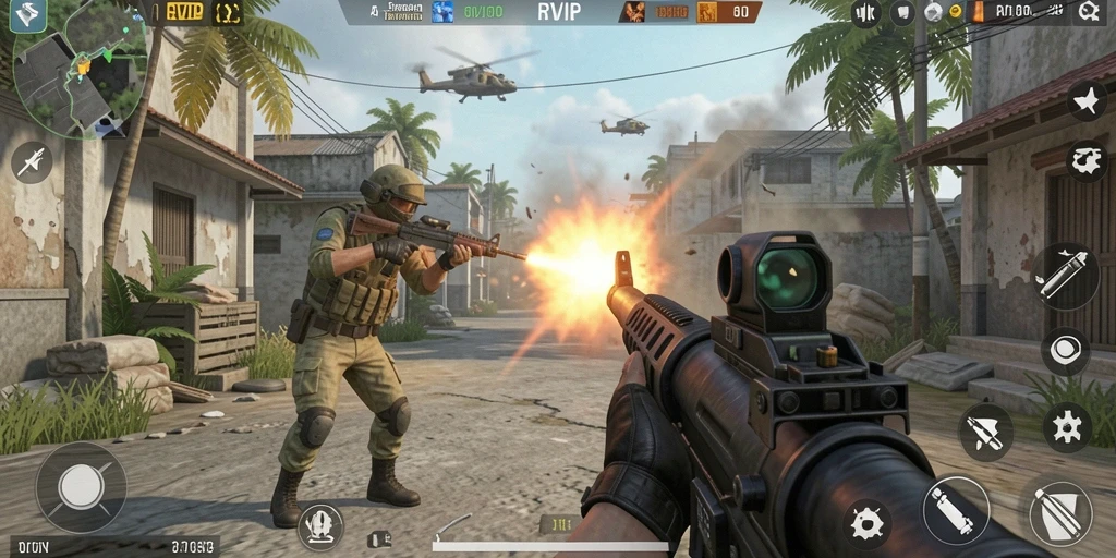 Screenshot gameplay RVIP menampilkan aksi tembak menembak yang mendebarkan.